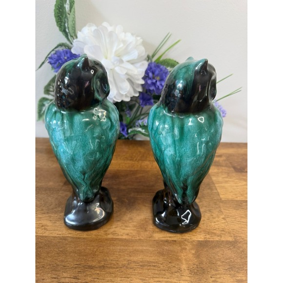 Vintage Blue Mountain Pottery Owls Canadian Art Pottery Green Drip Glaze Pair - Picture 6 of 8